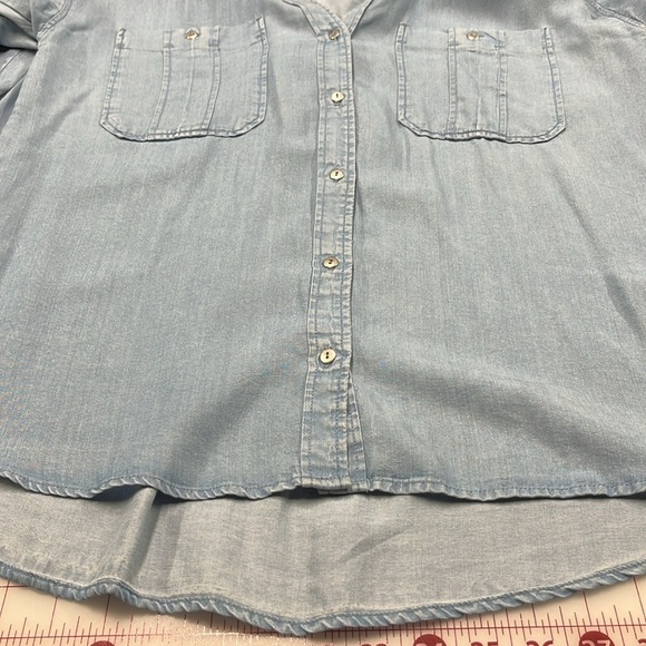 ZARA Denim Chambray V-Neck Tab SLV Tencel Casual Boho Office Boyfriend Shirt M - Picture 11 of 16